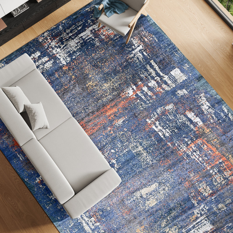 Hand Knotted Abstract Area Rug in Dark Blue/Rust/White/Black, Rectangle 9' x 12'