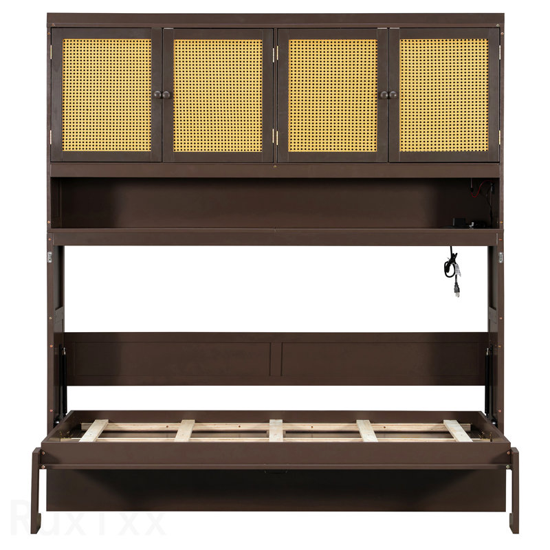 Lit escamotable simple avec armoire supérieure, lit pliable peu encombrant avec lumière et USB, espresso, Espresso