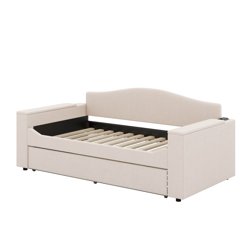 Twin Size Upholstered Daybed With Trundle And Latest Integrated Bluetooth Audio System, Beige