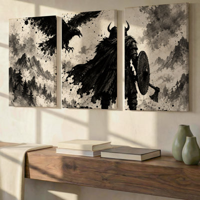 3 Pieces Exculisive Norse Warrior and Raven Ink Panoramic Wall Art, Modern Canvas Decor for Living Room, Bedroom, Office and Home, Ready to Hang