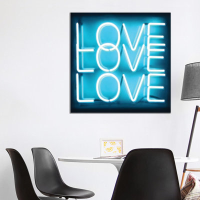 Neon Love Love Love Aqua on Black 1 Piece Wall Art on Canvas