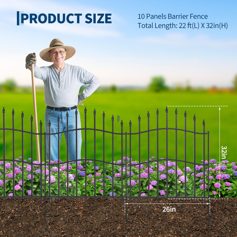 No-Dig Rustproof Metal Garden Fence – 32" H x 22ft Decorative Outdoor Barrier for Yard, Patio & Lawn, Black Dog & Rabbit Proof, Easy Install