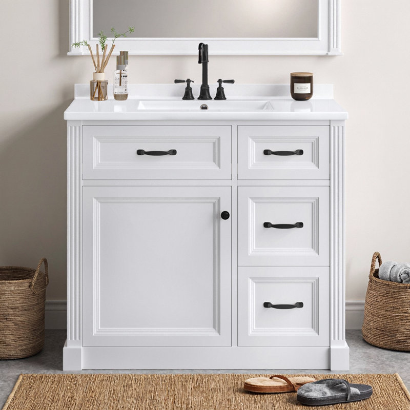 Meuble-lavabo de salle de bain avec lavabo en céramique et rangement à fermeture douce - fini blanc moderne, 4 tiroirs, tablette réglable