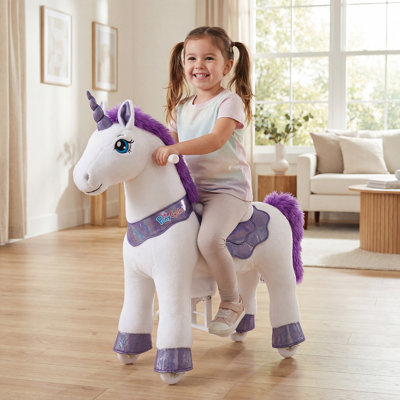 PonyCycle Ride on Unicorn Toy for Kids, White Plush Riding Unicorn with Glitter Horn and Hand Brake, No Batteries, Ages 3-4 and 4-7