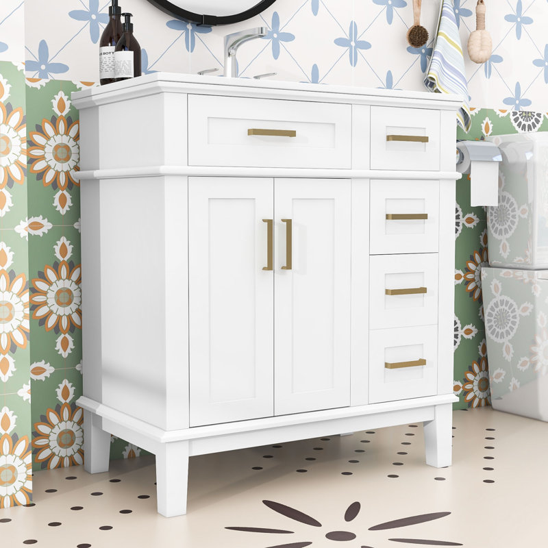 Meuble-lavabo contemporain simple avec lavabo en céramique, conception compacte et portes à fermeture en douceur, Blanc