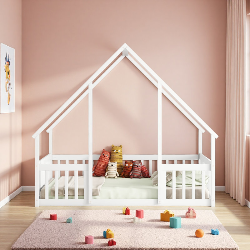 Lit de plancher en bois en forme de maison avec clôture, garde-corps, Lit double, Blanc