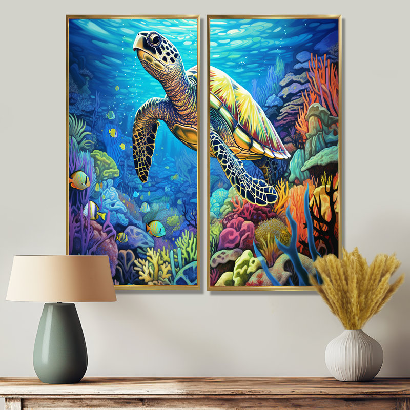 «Blue Sea Turtle World» - art mural bleu, H 20 po x l 24 po, Reproduction encadrée sans passe-partout, Doré