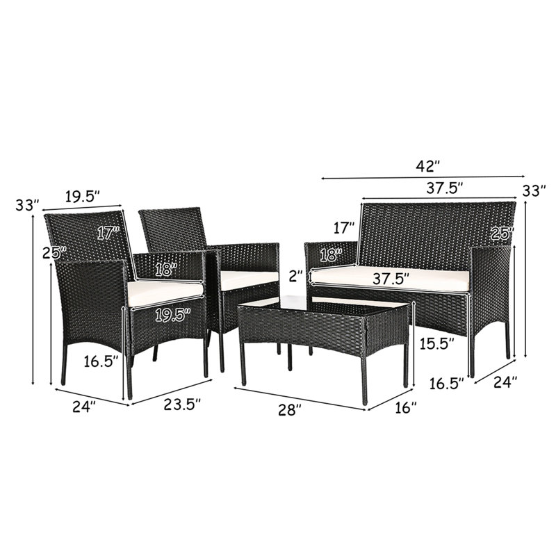 Alifa 4 - Person Patio Conversation Set with Cushions, White, Black