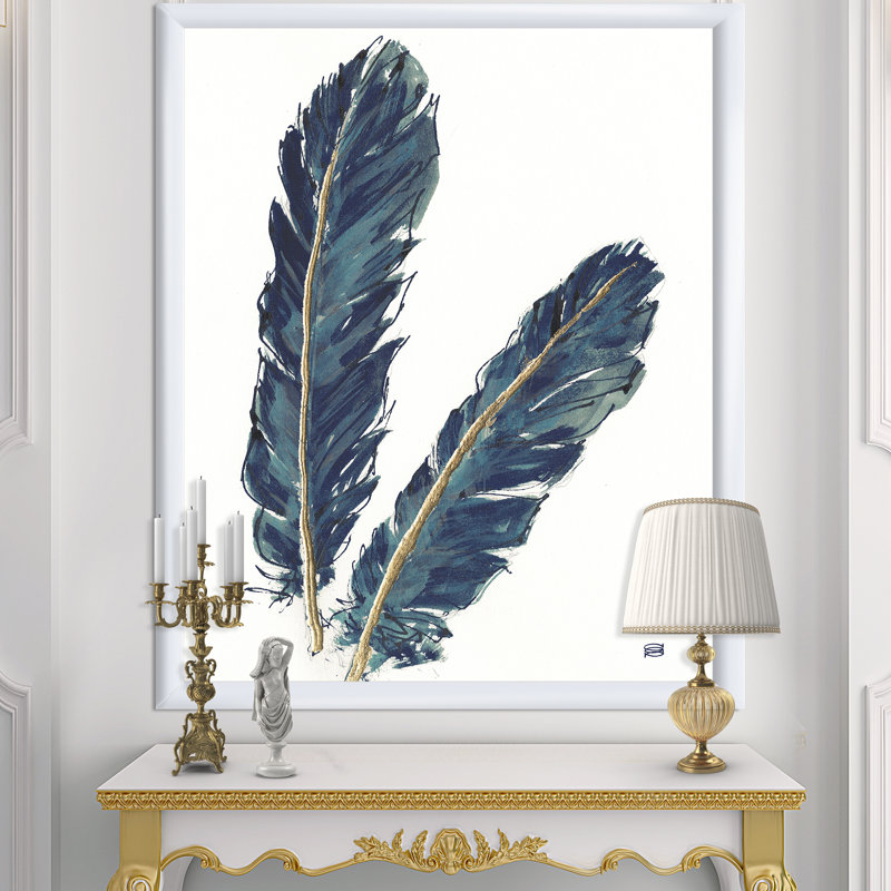 « gold indigo plumes iv »-cadre photo sur toile, H 46 po x l 36 po x P 1,5 po, Cadre blanc