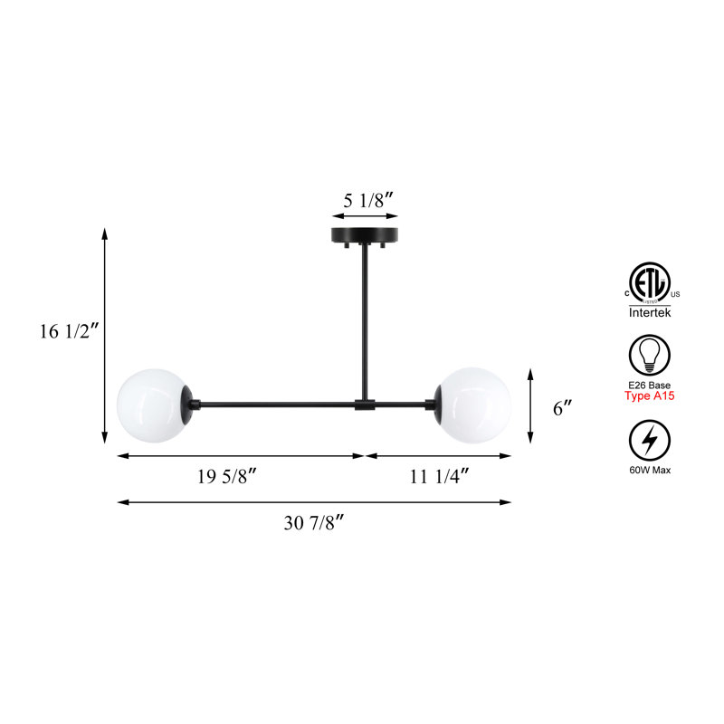 Matte Black 2-Light Globe Semi Flush Mount Ceiling Light