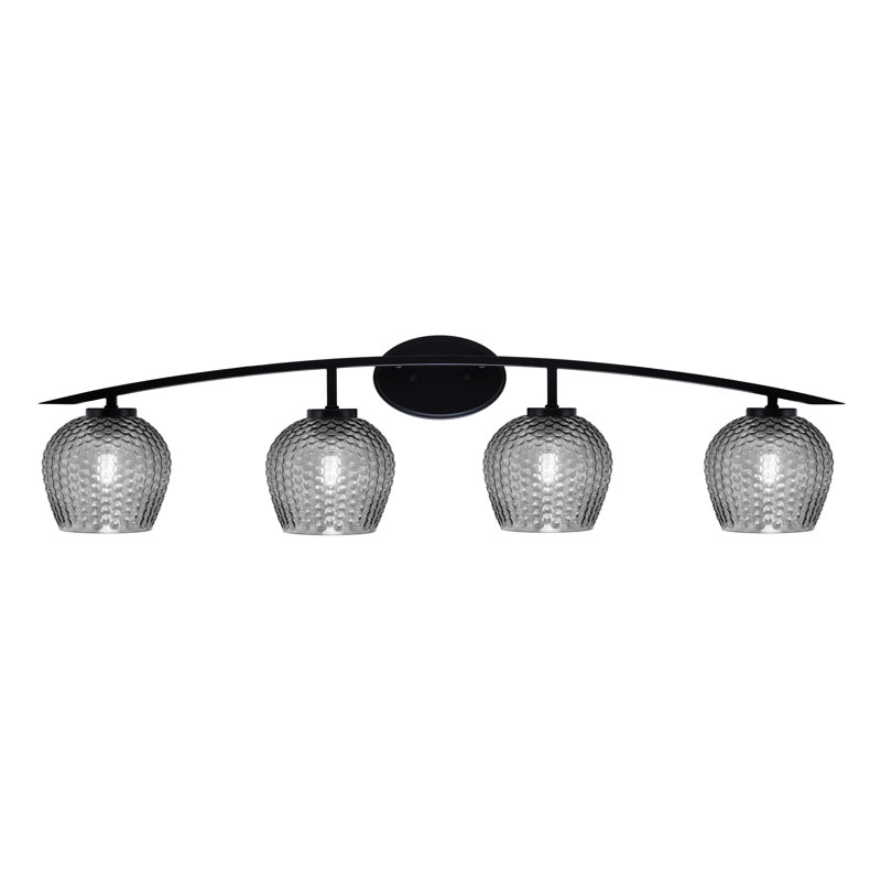 Barre d'éclairage de salle de bain 4 lumières avec verre texturé fumé 6 po Kurve, Noir mat