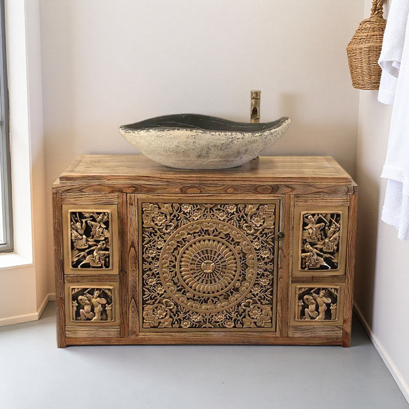 Meuble-lavabo néoclassique en bois massif avec sculptures en résine