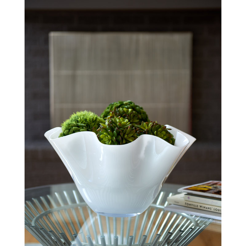Bol décoratif en verre blanc, H 6,25 po x l 12 po x P 12 po