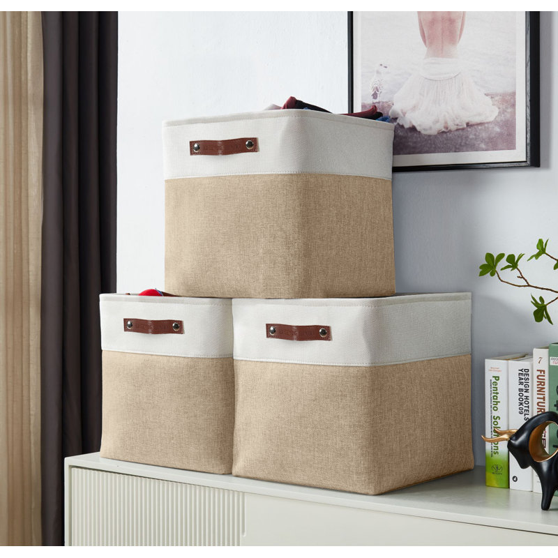 Beige and White Rectangular Fabric Storage Bins with Handles