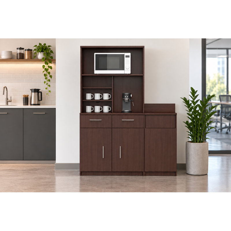 BREAKtime 54" Commercial Breakroom Cabinet with Microwave Hutch, Door Storage & Concealed Trash Compartment, Espresso