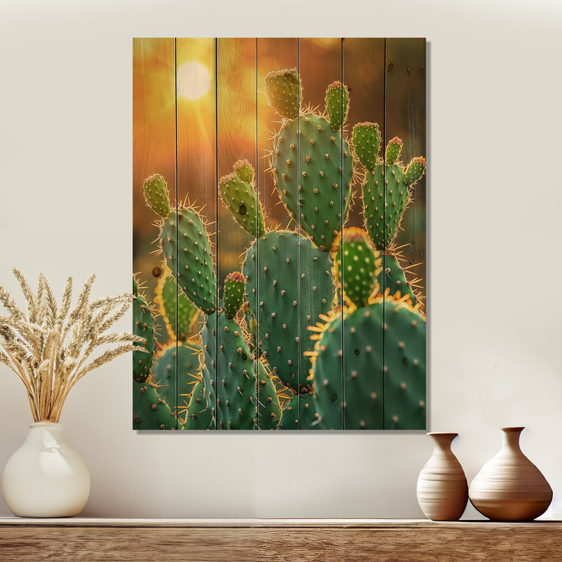 Cactus au coucher du soleil - Décoration murale en bois de cactus floral - sur bois de pin naturel, H 20 po x l 10 po