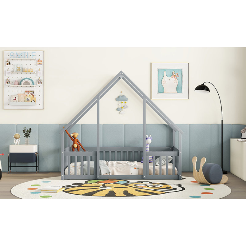 Lit simple en bois en forme de maison avec clôture, garde-corps, Blue