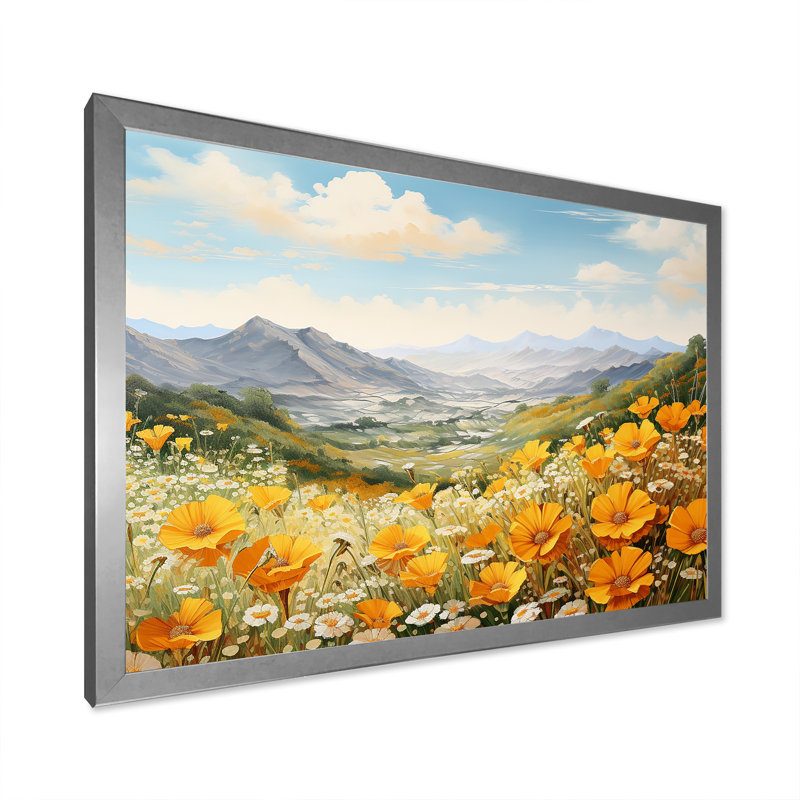 Jaune souci dans un paysage de montagne I - impression, Cadre simple argenté, H 34 po x l 44 po x P 1,5 po