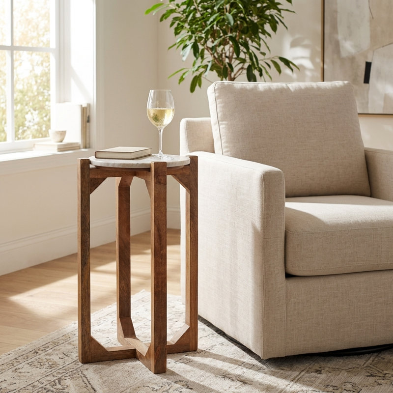Table d'appoint ronde moderne en marbre et bois, idéale pour le salon ou comme petite table basse décorative sur pied - ivoire et marron