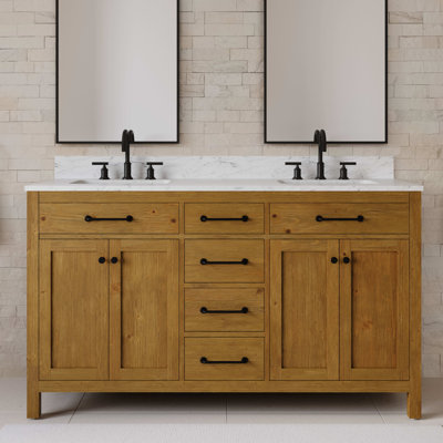 Ensemble de meuble-lavabo autoportant en chêne Sierra de 60 po avec plateau en marbre d'ingénierie blanc Para de Pista (assemblé)