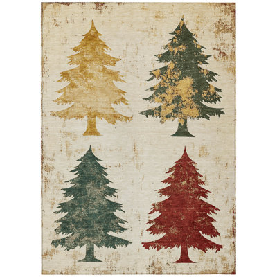 Machine Washable Indoor/Outdoor Christmas Tree Xhevrie Ivory Rug