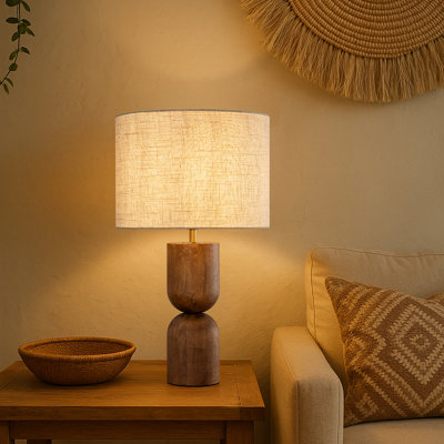24" Japandi Honey Brown Wood Bedside Lamp with Beige Shade