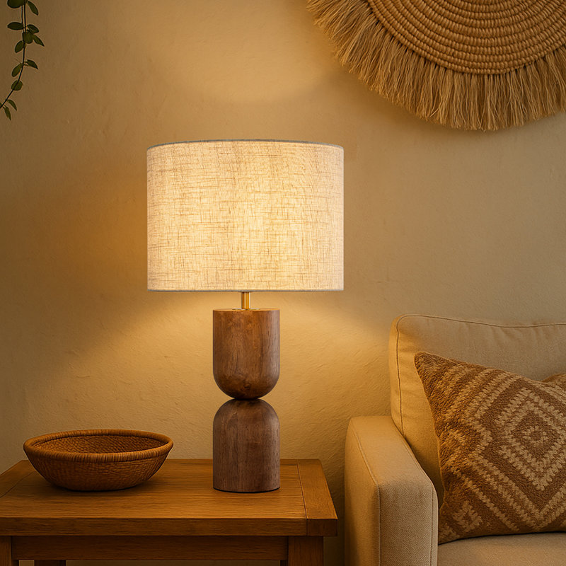24" Japandi Honey Brown Wood Bedside Lamp with Beige Shade