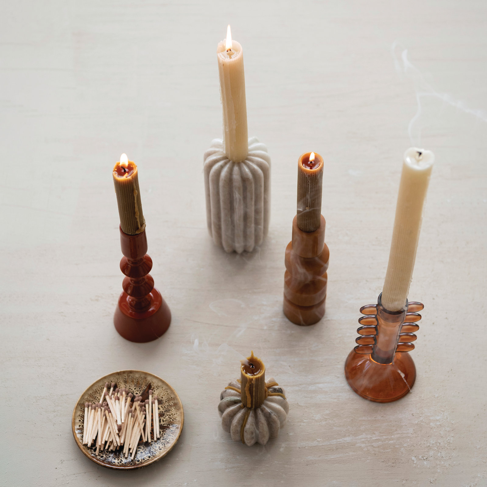Buff Marble Ribbed Taper Candle Holder