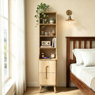 Table de chevet de 54 po de hauteur avec station de charge, 2 tiroirs, 3 tablettes de rangement ouvertes