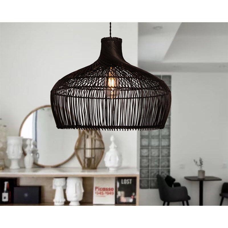 Barwin 1 - Light Boho Pendant Light Handmade Rattan Shade Coastal Kitchen Light, Black