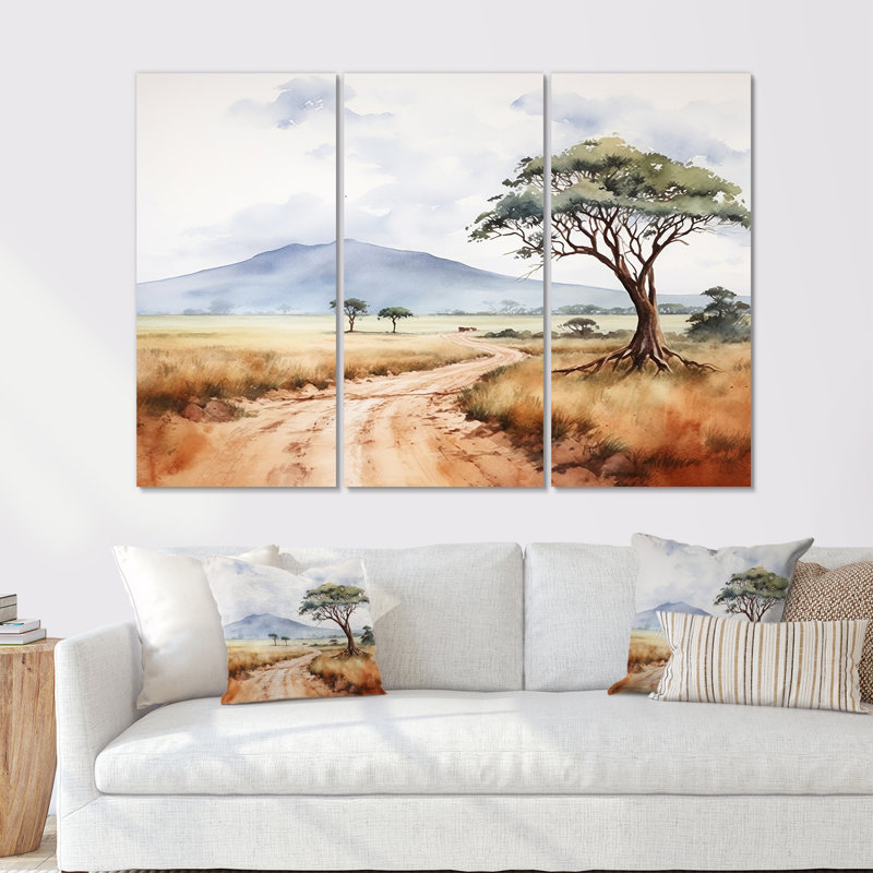 «African Wild Life Landscape III», ensemble d'art mural africain, Toile tendue, H 32 po x l 48 po x P 1 po
