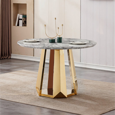 Table de salle à manger ronde de 47 po, table de cuisine moderne avec plateau en faux marbre ultrabrillant et base en acier inoxydable pour la salle à manger, cuisine (table seulement)