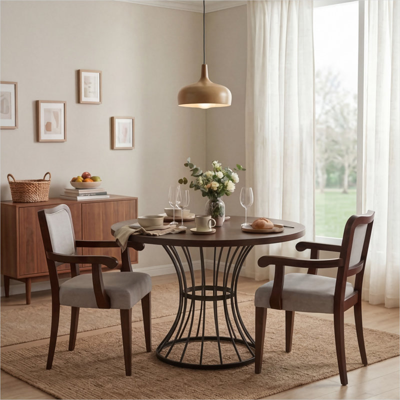 42-Inch Round 3-Piece Dining Set with 2 Upholstered Armchairs, Oak Veneer Tabletop and Classic Black Pedestal Base, Walnut-Finish Frames, Beige Fabric Seats, Rustic-Modern Style