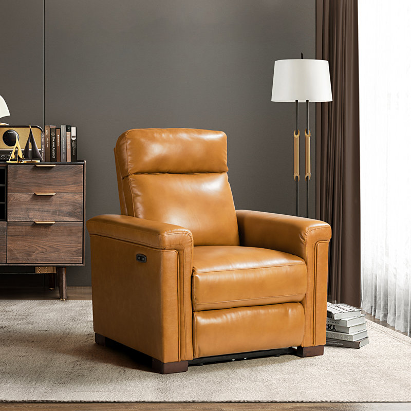 Westdale 36.02'' W Genuine Leather Power Standard Recliner with Solid Wood Legs, Camel