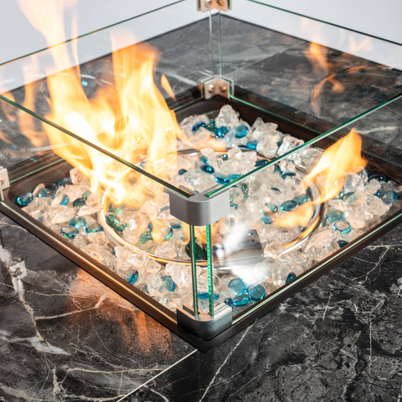 Table de foyer d'extérieur au propane H 30 po x l 30 po avec pare-vent en verre et siège de réservoir de carburant Heiser