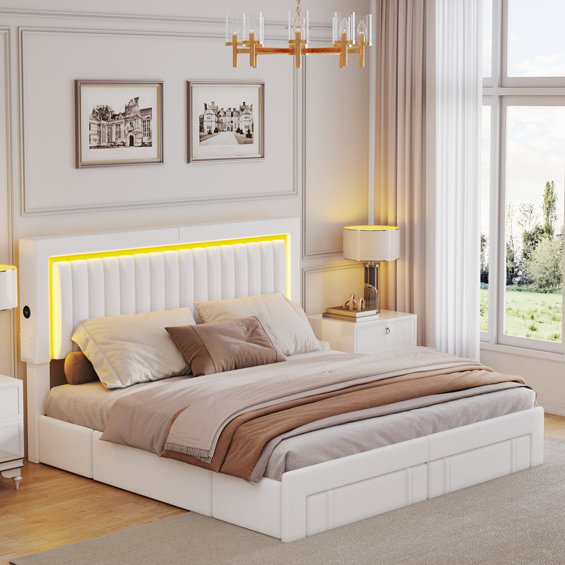 LED Adjustable Velvet Upholstered Headboard Bed Frame With 4 Storage Drawers And USB Ports, White, King