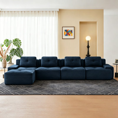 Canapé modulaire en L bleu, 1 repose-pieds et assise profonde en velours côtelé bleu, sans assemblage