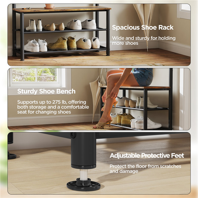 Keiveon 33.5" Wide Metal Hall Tree with Shoe Storage & Bench & Movable Hooks, Rustic Brown