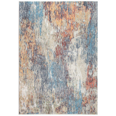 Tapis bleu et beige à motif abstrait Dhurrie