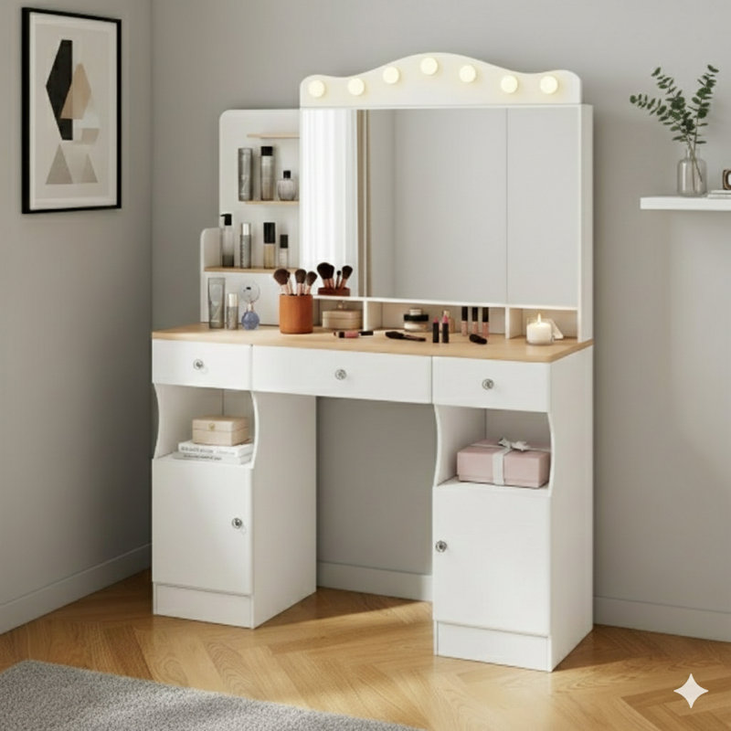 Bureau de coiffeuse avec miroir et lumières. Ce meuble-lavabo comprend une barrette d'alimentation USB à 2 ports. L'ensemble de coiffeuse se compose de trois tiroirs et de deux armoires, comporte sept lumières avec trois options de couleur et possède un miroir pliable à trois côtés, en blanc.