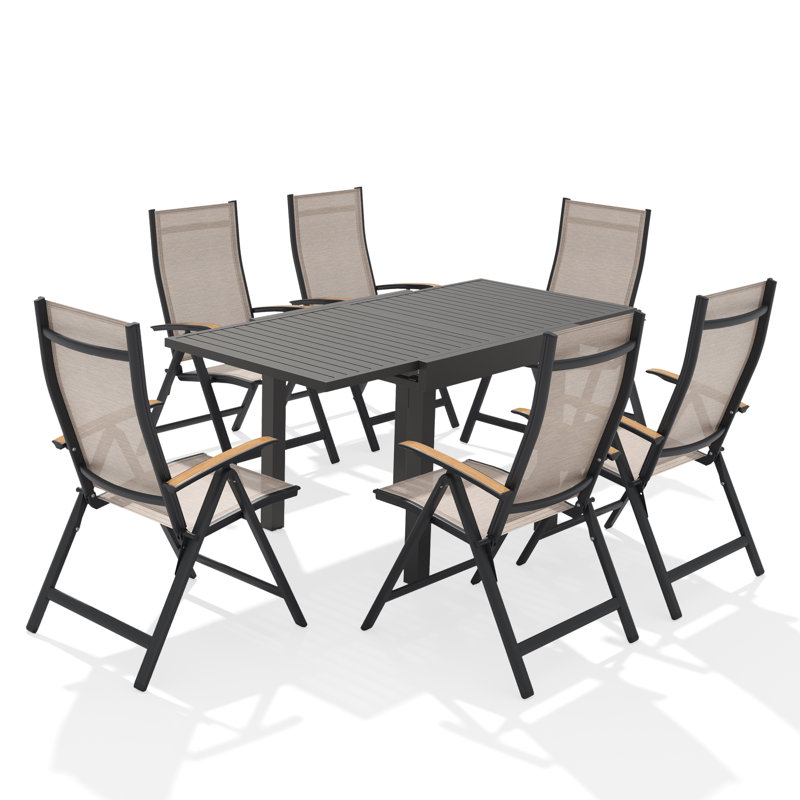 Ensemble de salle à manger de patio pour 4 à 10 personnes en aluminium avec table extensible et fauteuils inclinables pliés