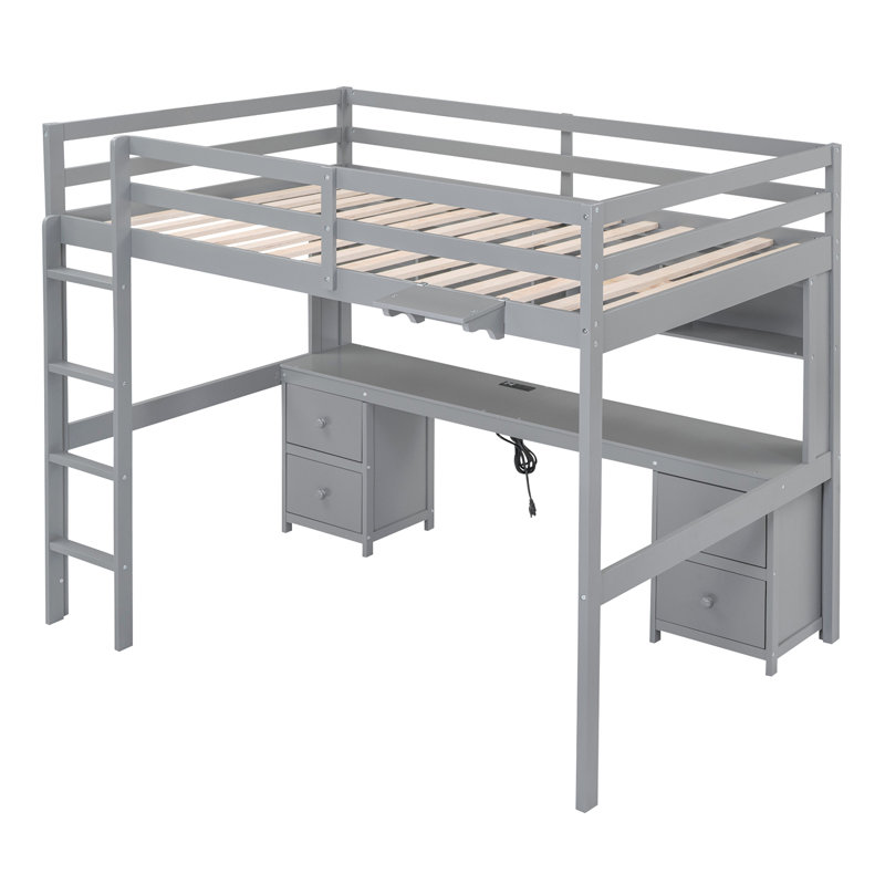 Lit mezzanine double avec bureau, armoires, tiroirs et plateau de chevet, station de charge, gris, Gris