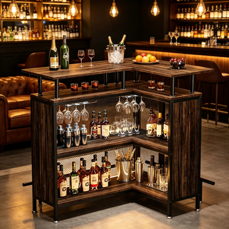 Table de bar - Panneau de fibres à densité moyenne - 1 pièce - Table de bar - Brun - Rangement à plusieurs niveaux