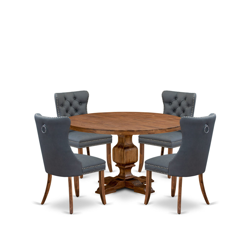 L'ensemble de table à manger 5 pièces comprend une table de salle à manger et 4 chaises de salle à manger en similicuir gris platine avec dossier capitonné - Finition noyer antique