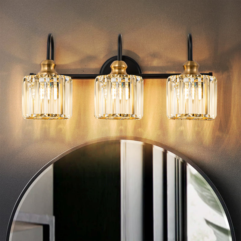 Gjystina 3-Light Dimmable Gold-Black/Chrome Crystal Vanity Light, Black/Gold, 3