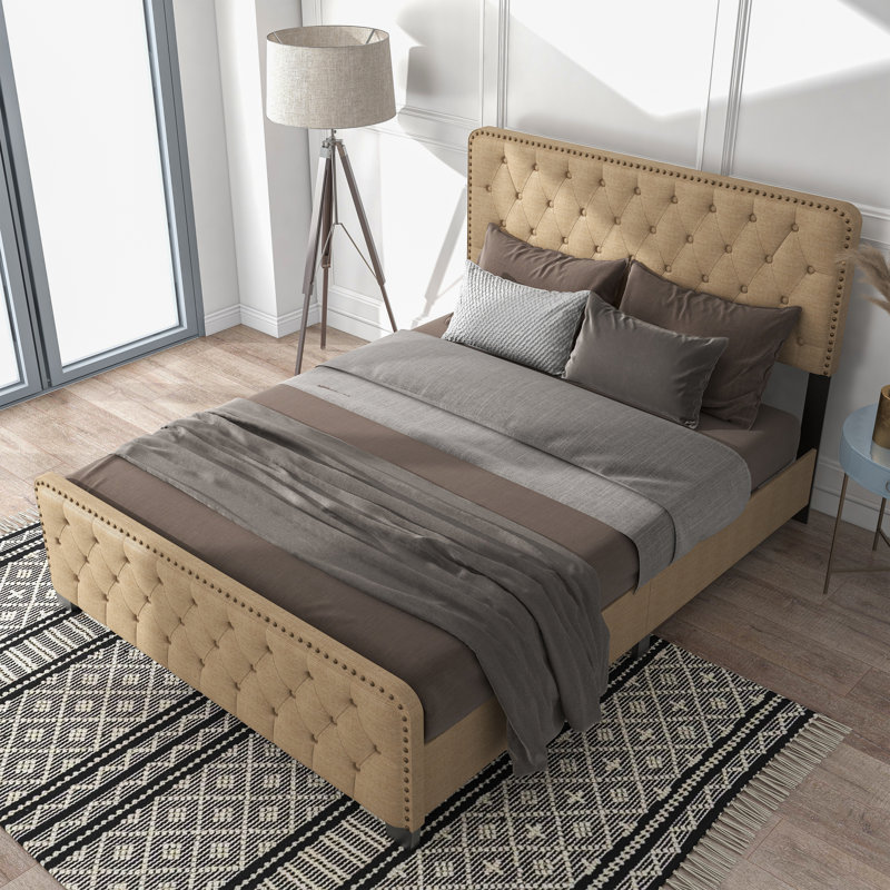  Ferris Tufted Upholstered Low Profile Standard Bed, Lit double, Brun