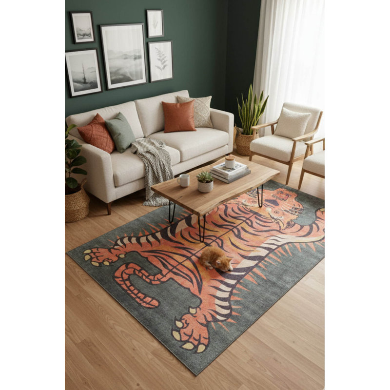 Opus Decorative Woven Based Orange Green Tiger Patterned Carpet, Rectangle 3'10" x 5'3"