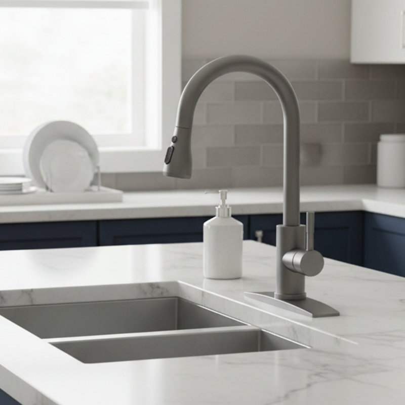 High-Arc Pull-Down Kitchen Faucet - SUS 304 Stainless Steel - Single Handle, Grey Finish, Gray