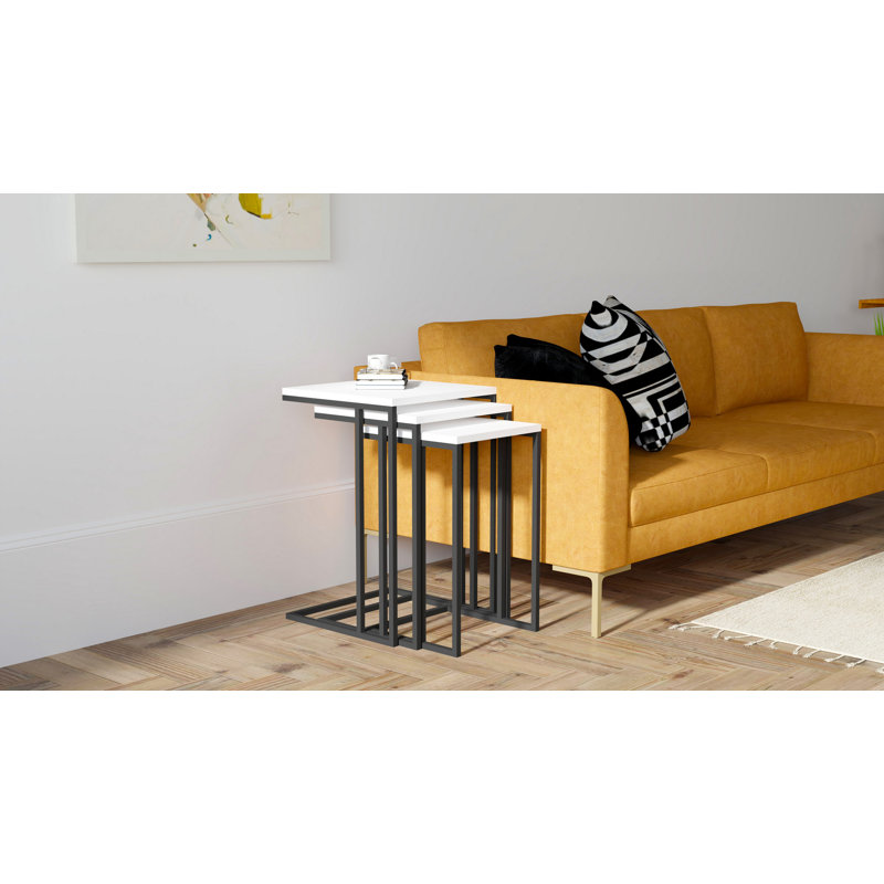 Elegant Nesting Table Set (3 Pieces) - White & Black, 15.7 x 24.3 x 15.7 in | 100% Melamine Coated Particle Board, 0.7 in Thickness, Durable Metal Frame | Modern Design Perfect for Home Office & Living Room