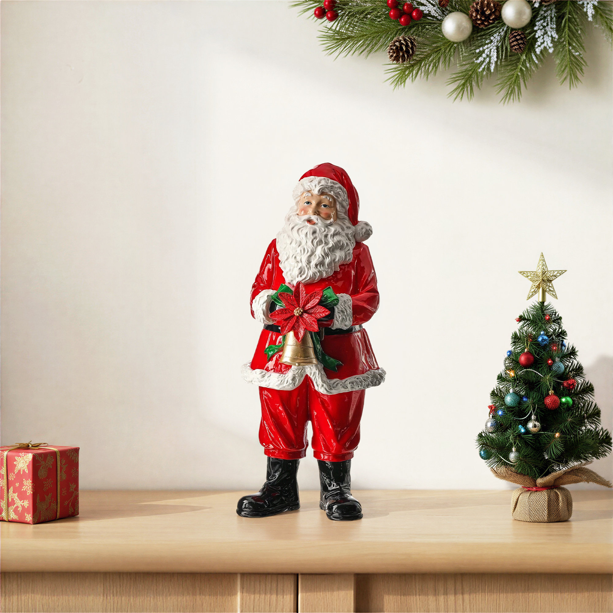 15" Resin Santa With Bell and Poinsettia